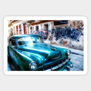 Old green American car on the streets of Havana Cuba Sticker